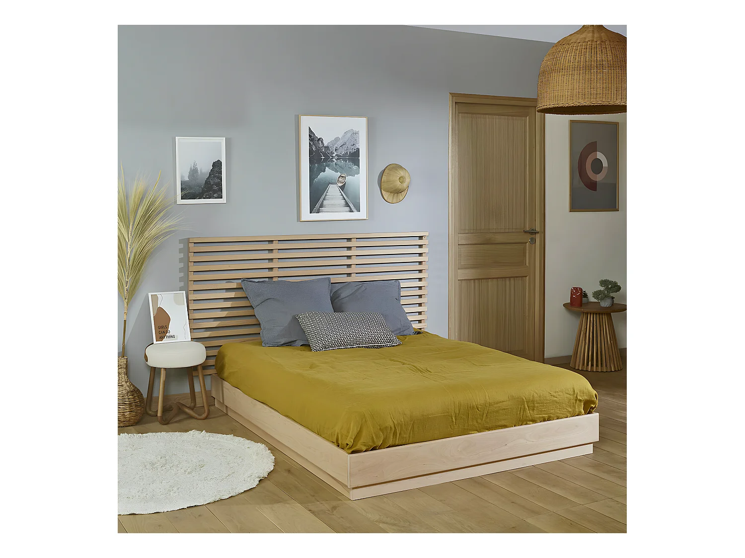 Pack lit avec matelas 140x190 cm bois massif bois naturel BAYA