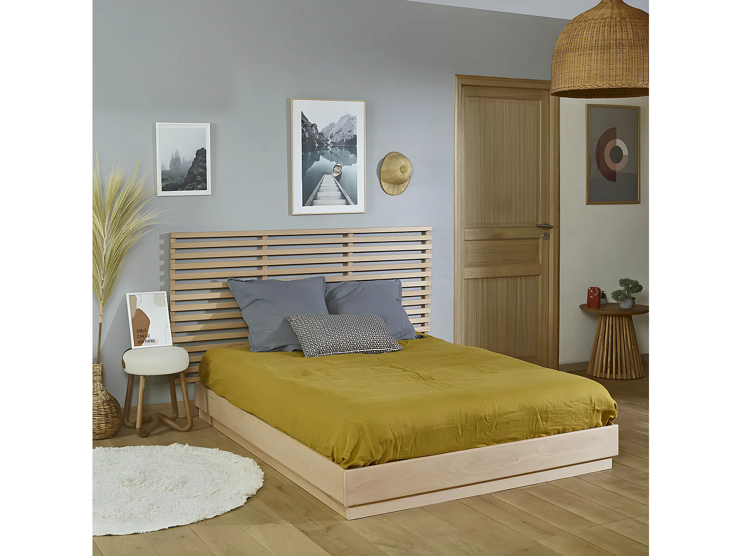 Pack lit avec matelas 140x190 cm bois massif bois naturel BAYA