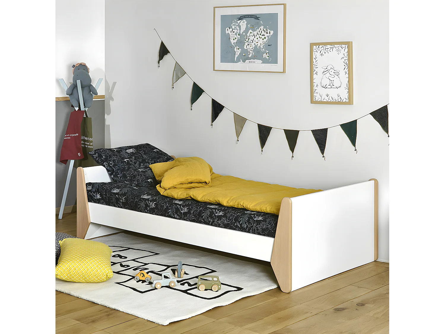 Lit avec pieds Yumi   Gris anthracite et bois 90x190 cm