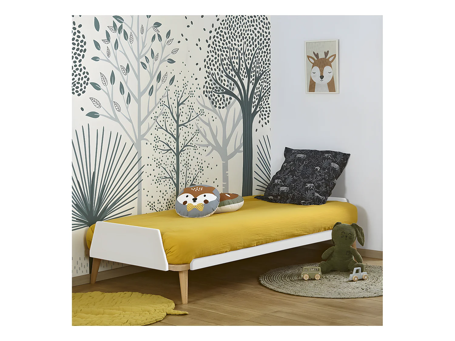 Pack lit avec matelas 90x190 cm bois massif blanc et bois KARL