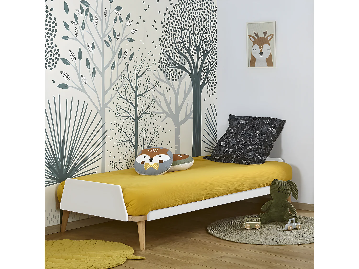 Pack lit avec matelas 90x190 cm bois massif blanc et bois KARL