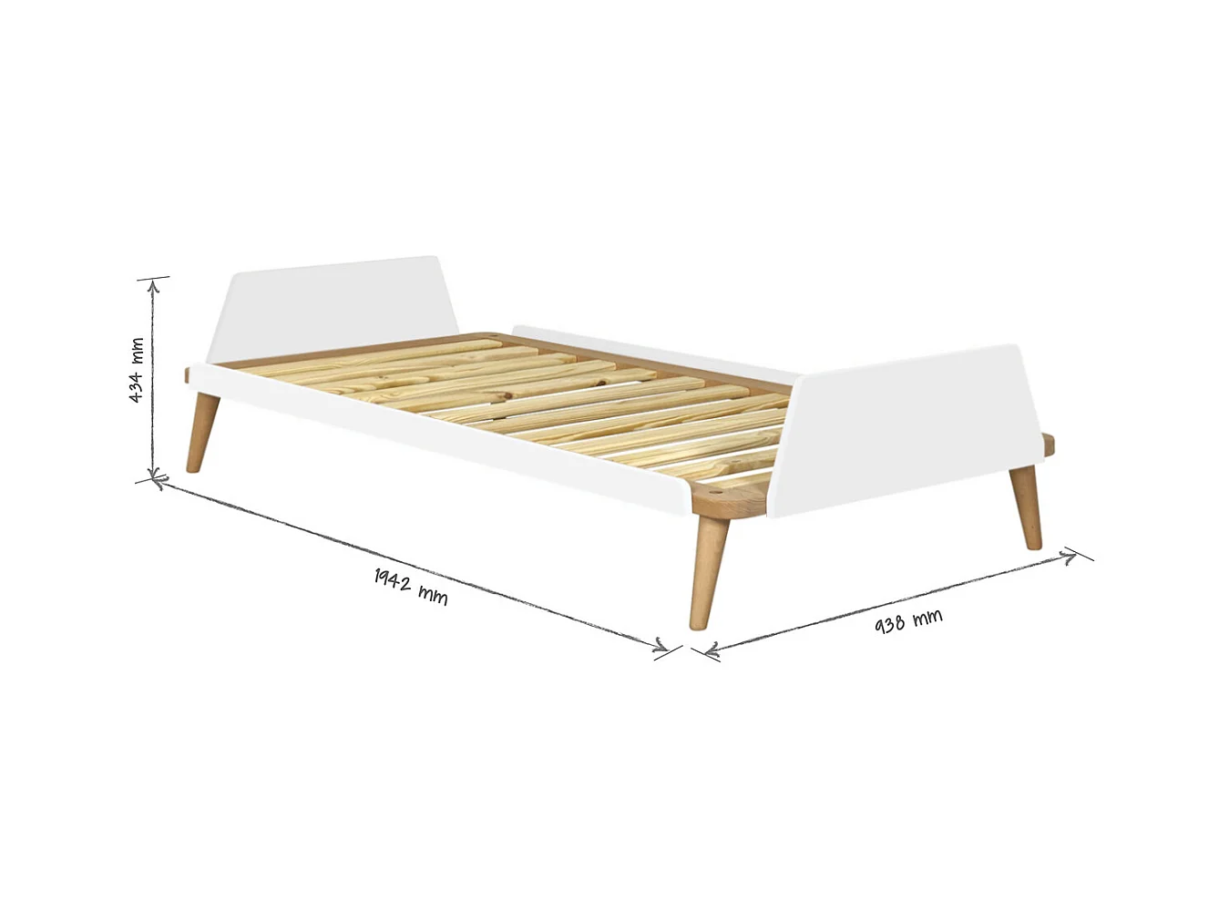 Lit 90x190 cm bois massif blanc et bois KARL