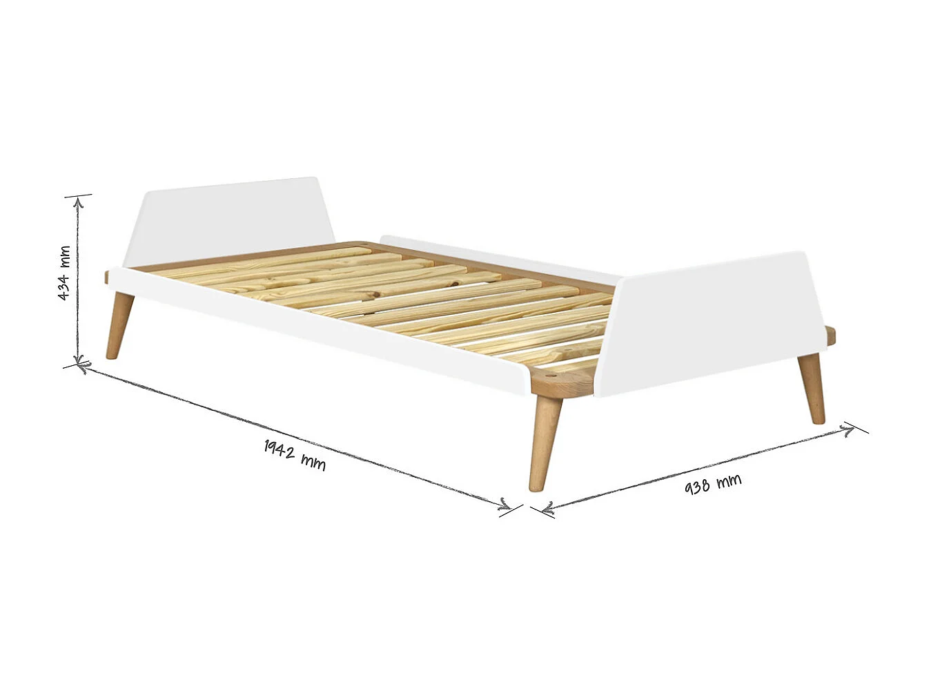 Lit 90x190 cm bois massif blanc et bois KARL