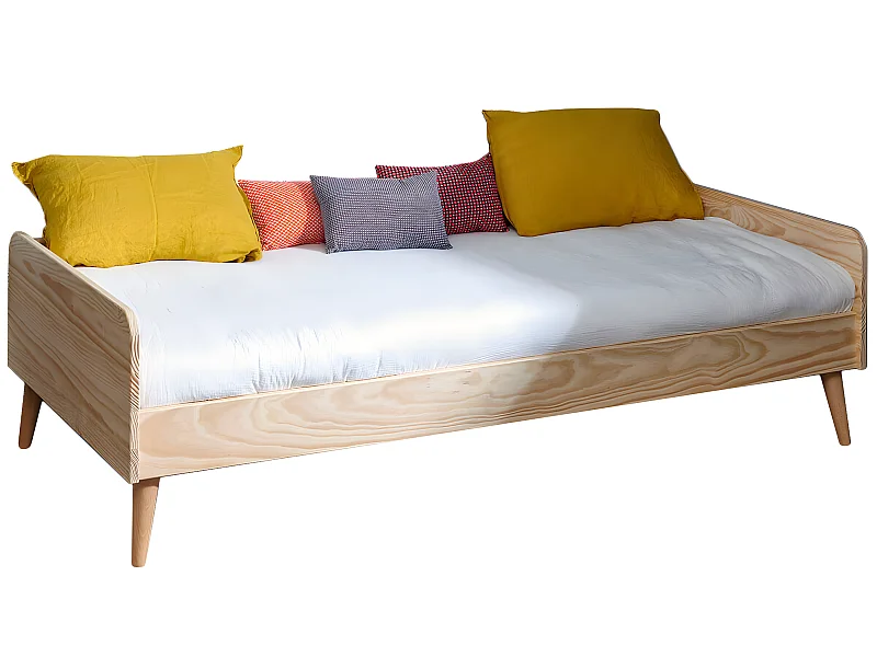 Lit avec barrière et pieds 90x190 cm bois massif bois naturel HARPE