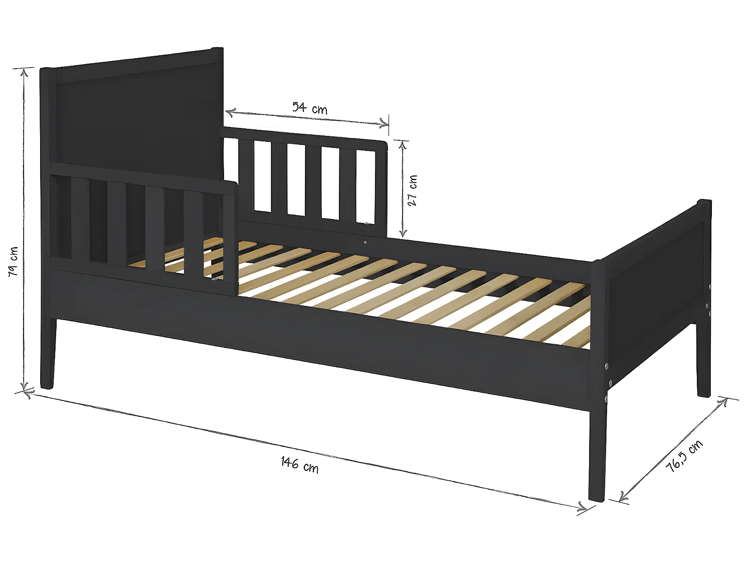 Lit enfant 70x140 cm bois massif gris TINA
