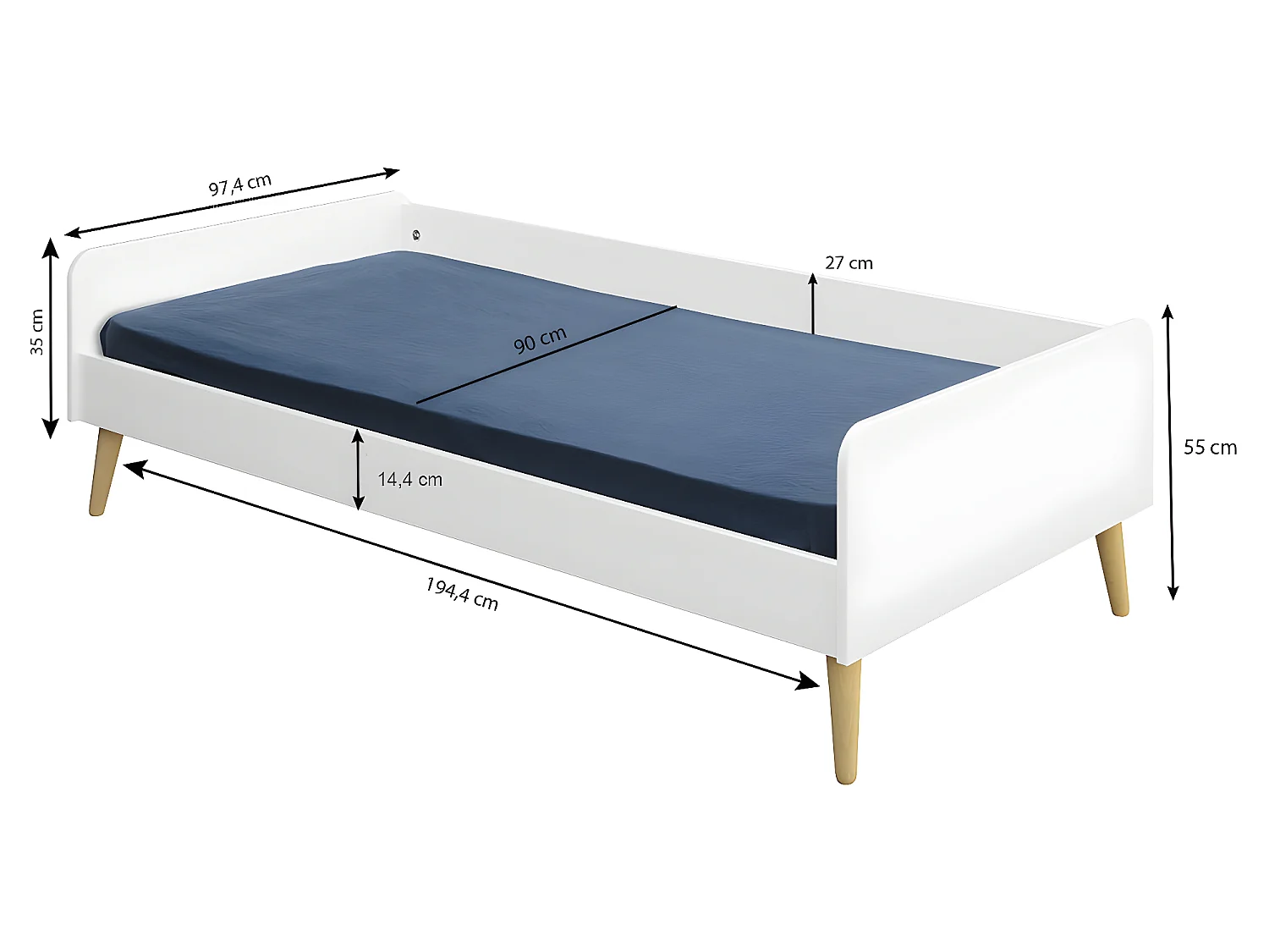 Pack lit enfant avec pieds et matelas 90x190 cm bois massif bois naturel HARPE