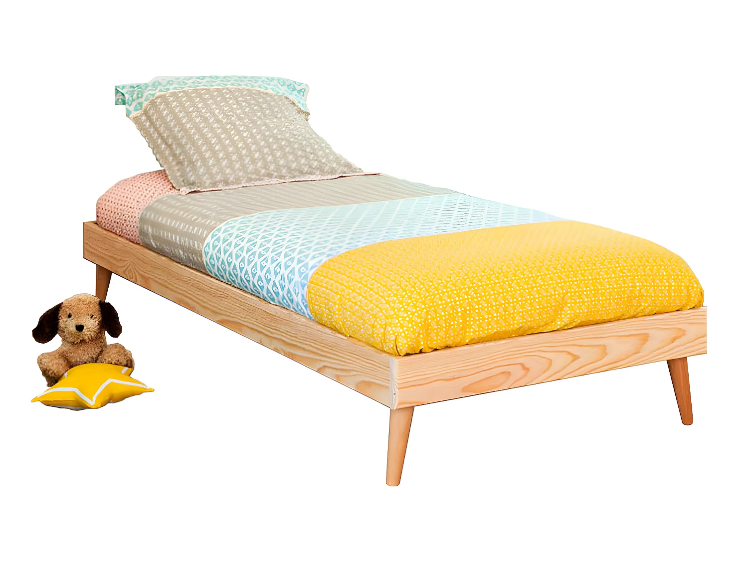 Pack lit avec pieds et matelas 90x190 cm bois massif bois naturel DORIS