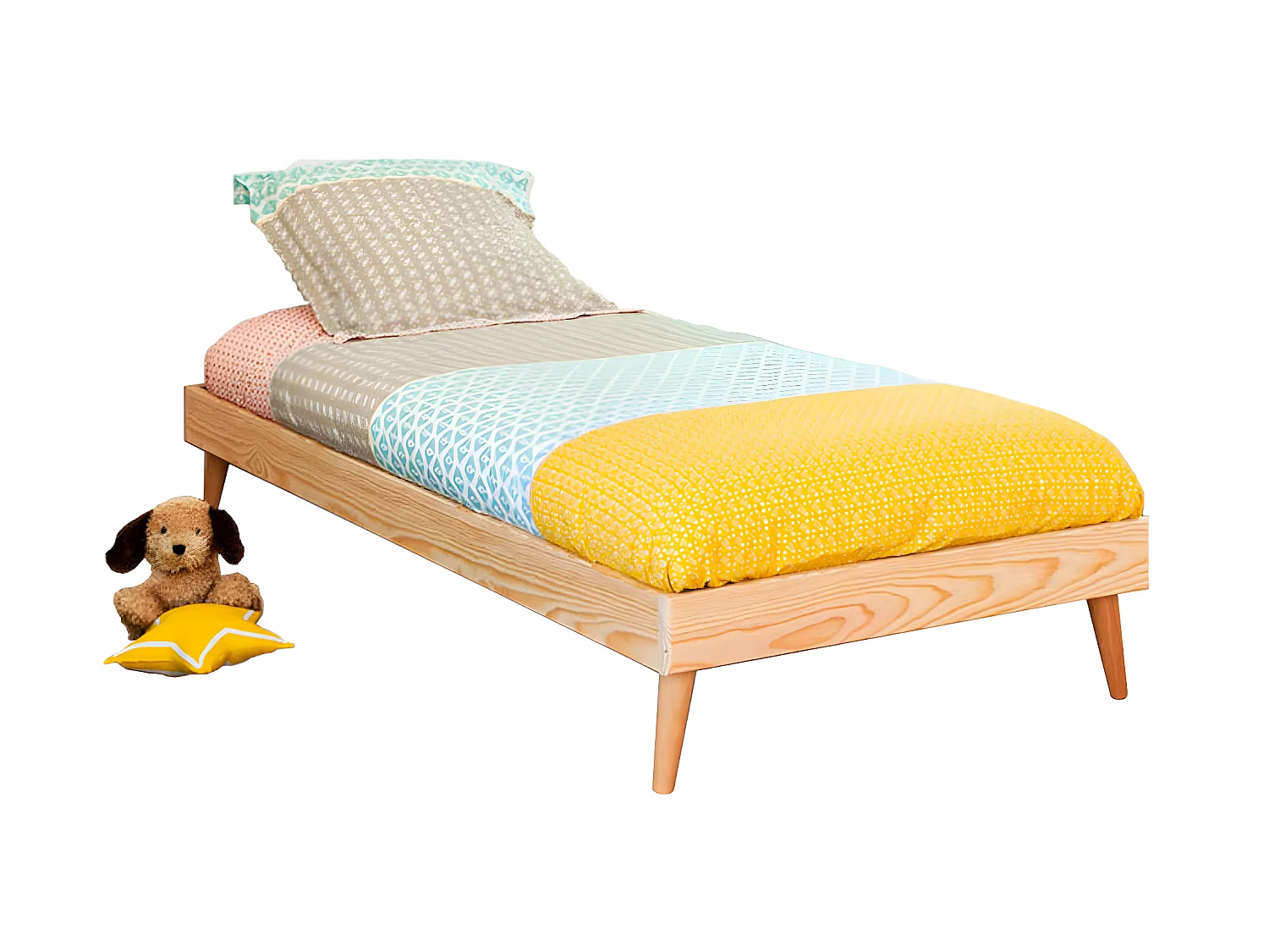 Pack lit avec pieds et matelas 90x190 cm bois massif bois naturel DORIS