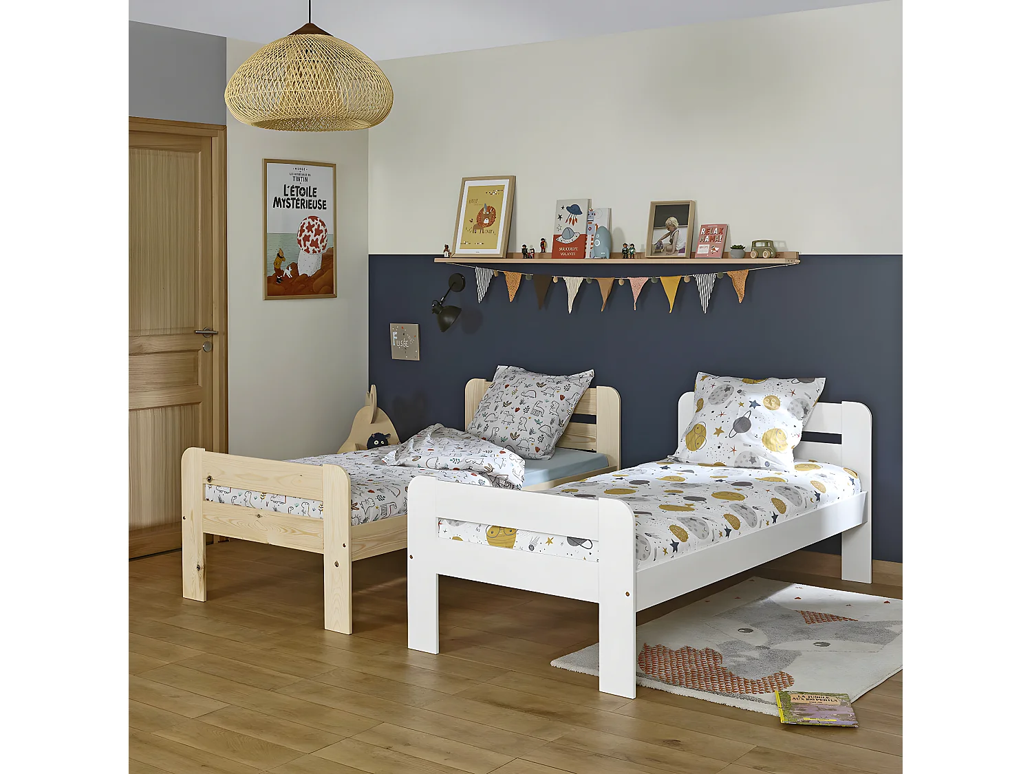 Pack lit avec matelas 90x190 cm bois massif bois naturel SUNDY