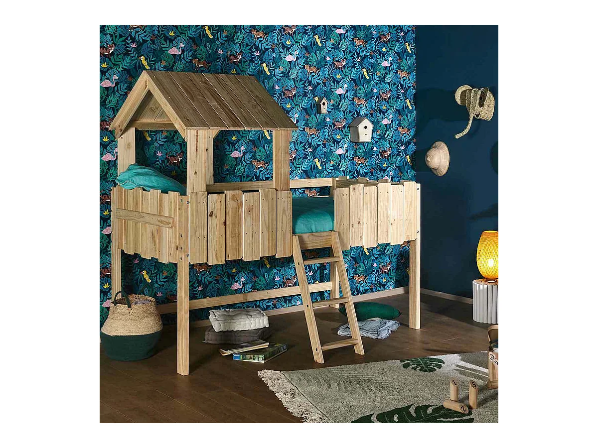 Lit cabane mi-hauteur 90x190 cm bois massif bois naturel DONNIE