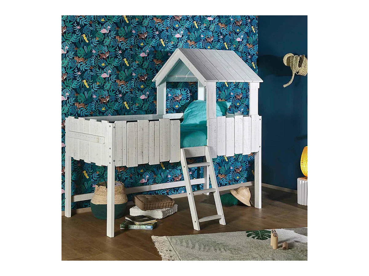 Lit cabane mi-hauteur 90x190 cm bois massif blanc DONNIE