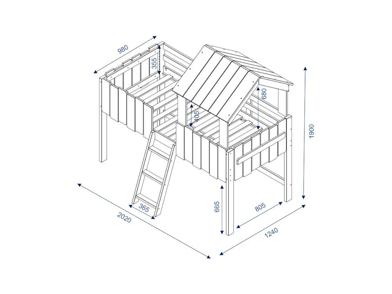 Lit cabane mi-hauteur 90x190 cm bois massif blanc DONNIE