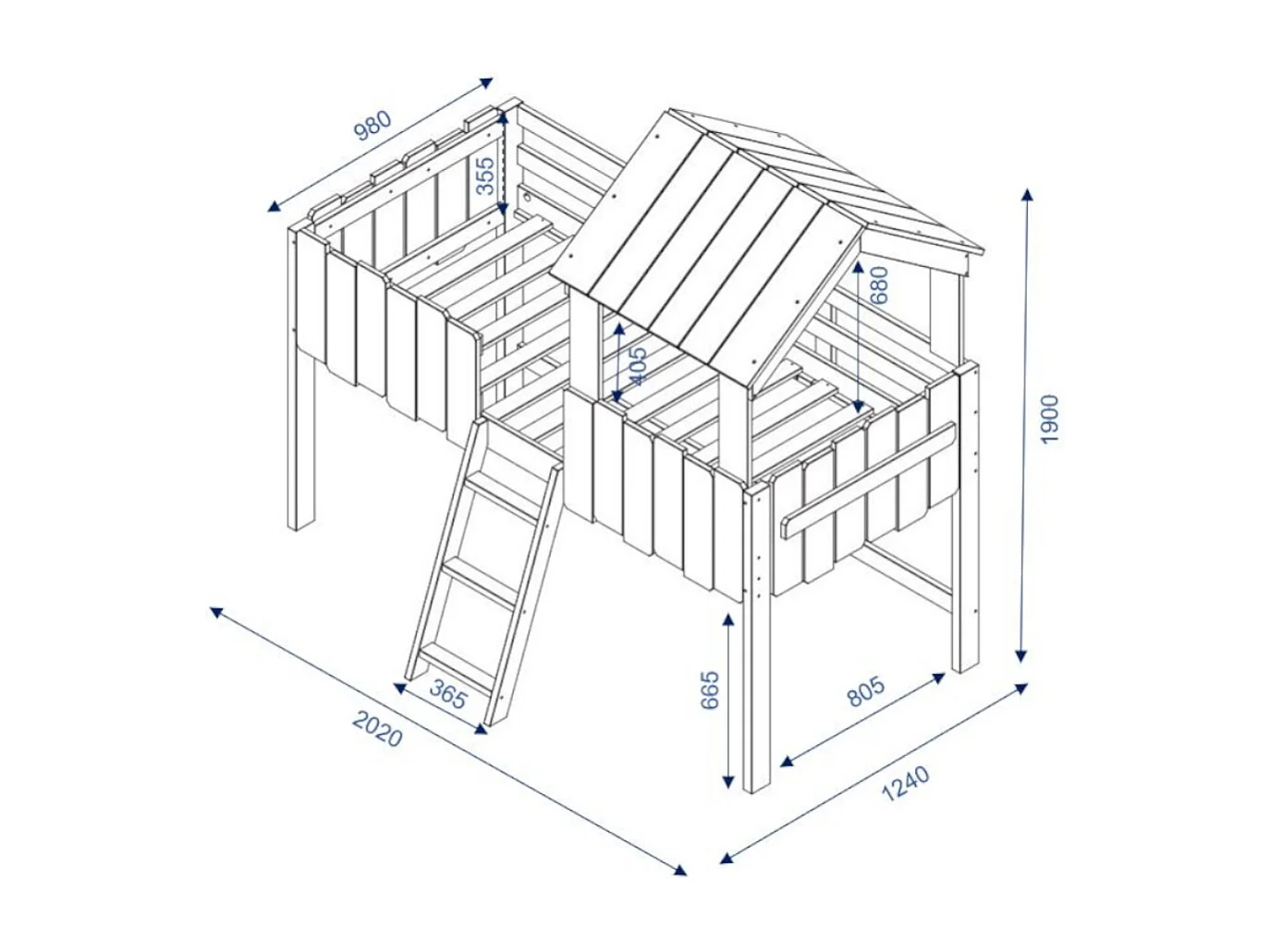 Lit cabane mi-hauteur 90x190 cm bois massif blanc DONNIE