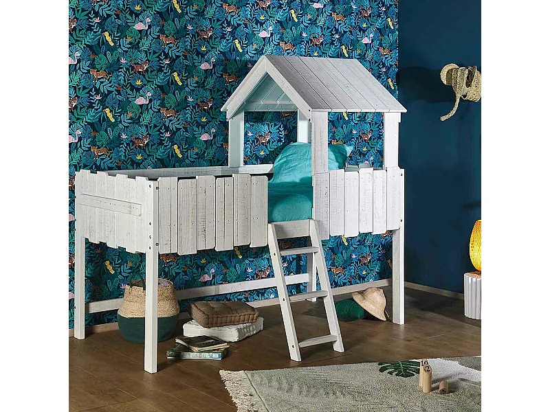 Lit cabane mi-hauteur 90x190 cm bois massif blanc DONNIE