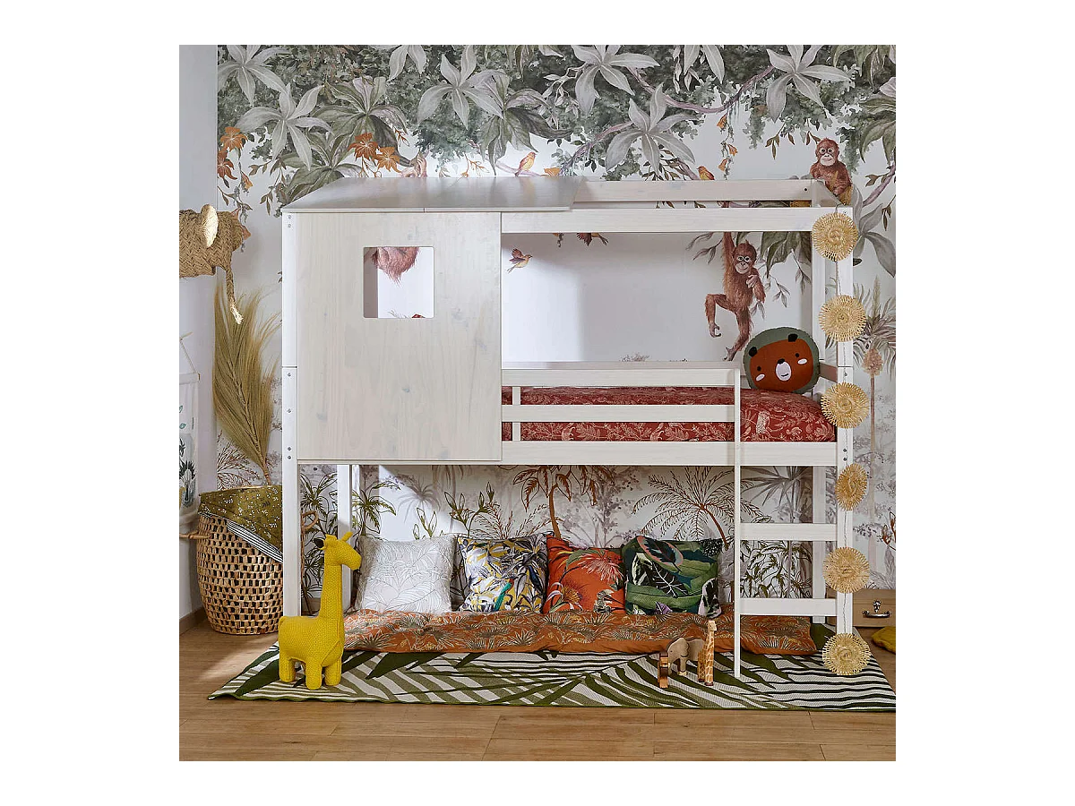 Lit cabane mi-hauteur 90x200 cm bois massif blanc ALMA