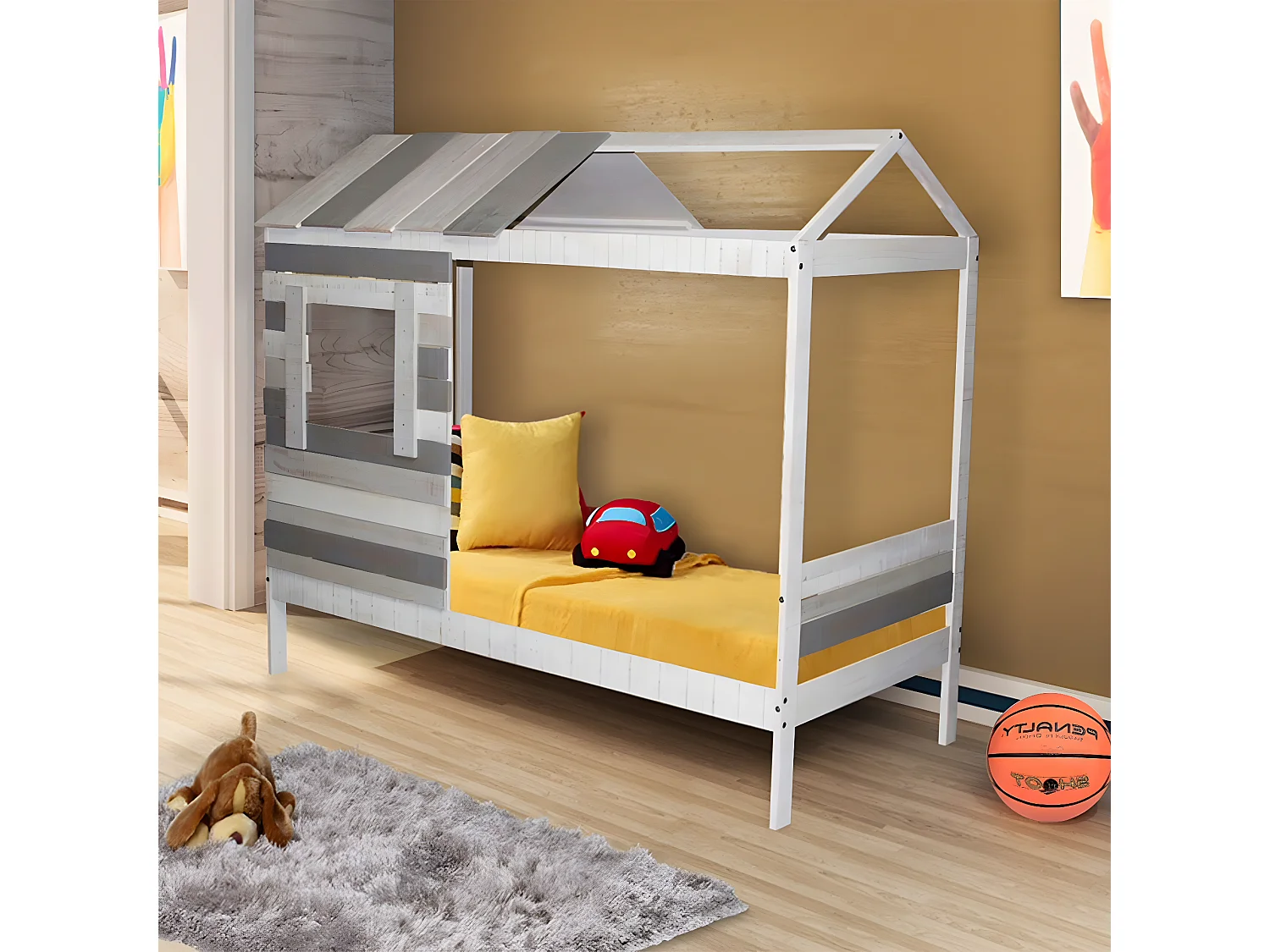 Lit cabane 90x190 cm bois massif gris CHARLES