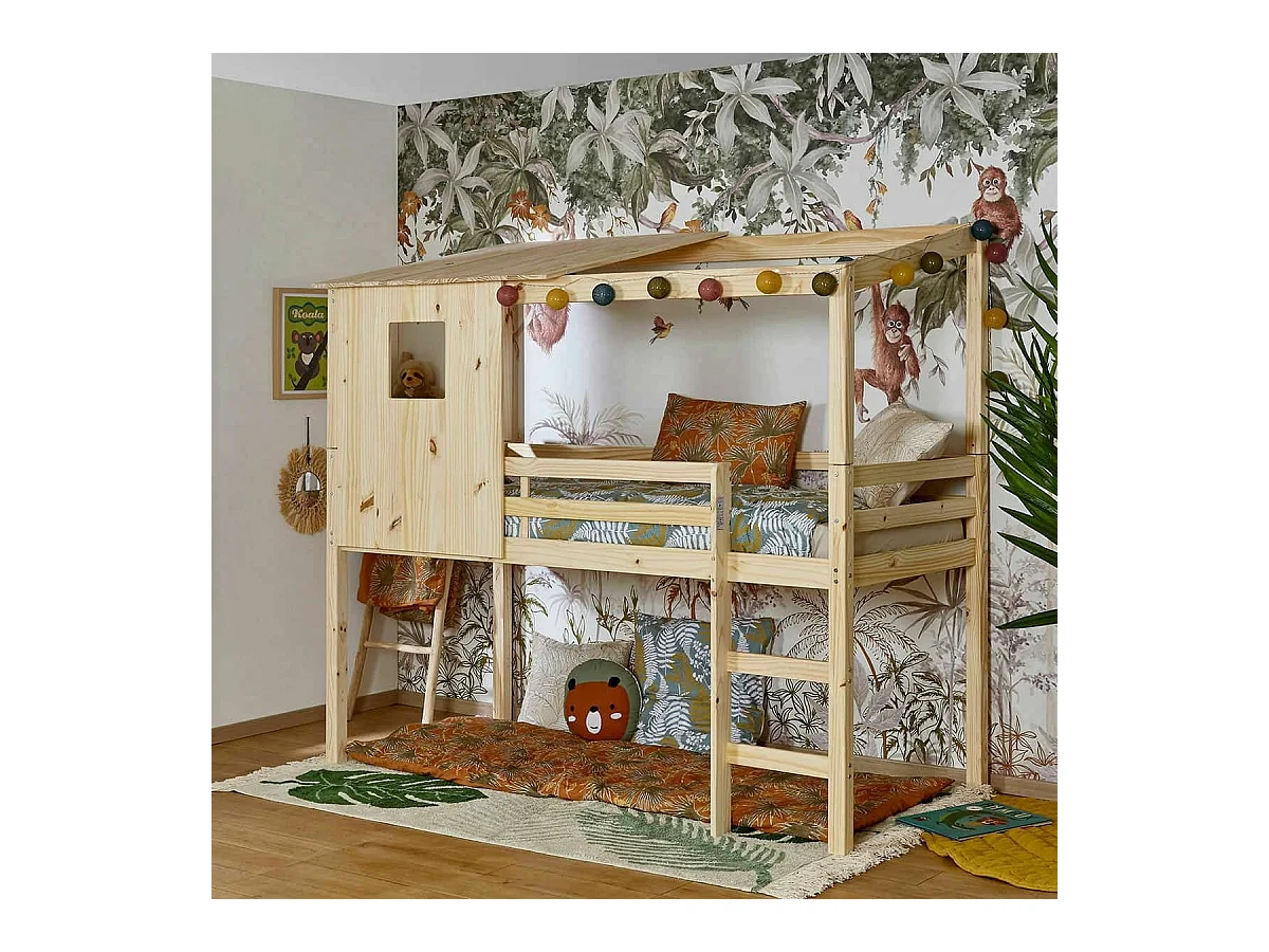 Lit cabane mi-hauteur 90x200 cm bois massif bois ALMA