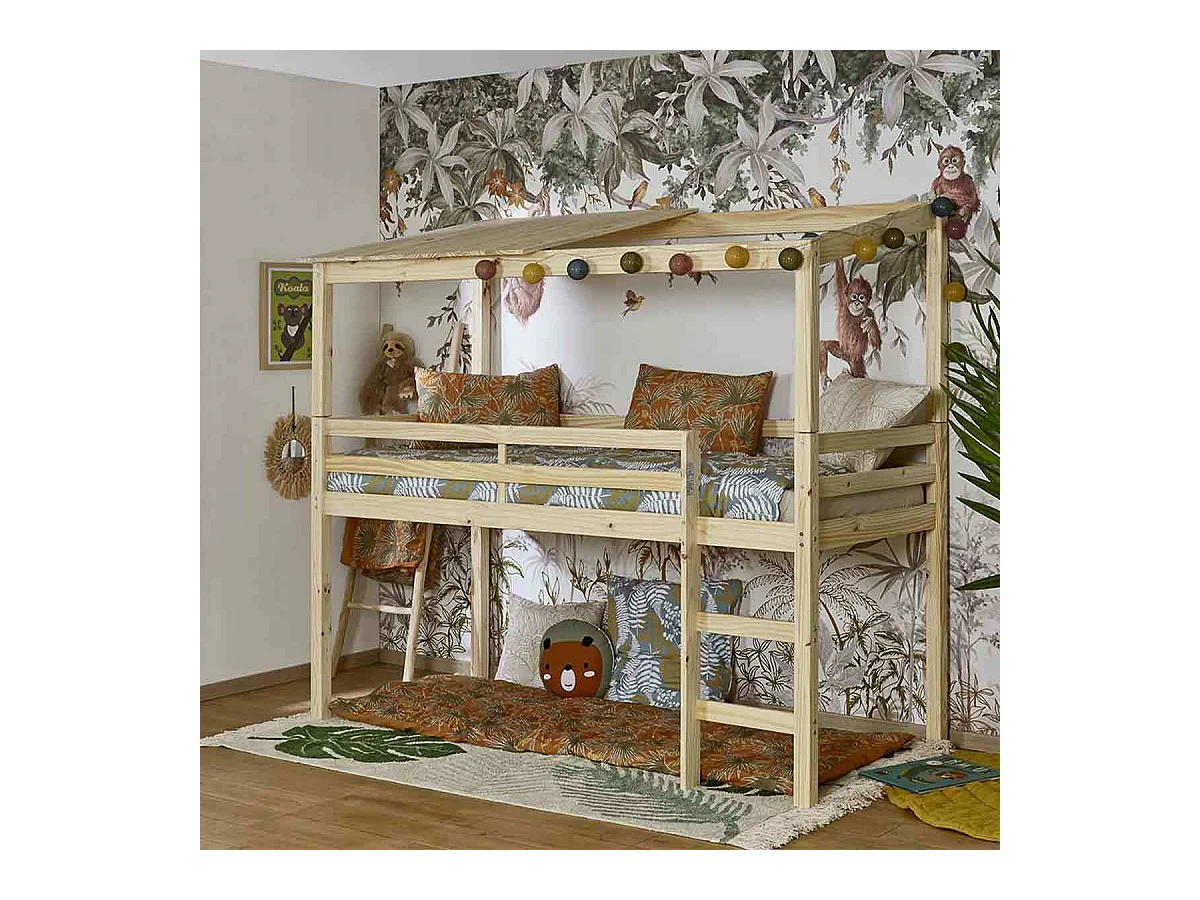 Lit cabane mi-hauteur 90x200 cm bois massif bois ALMA