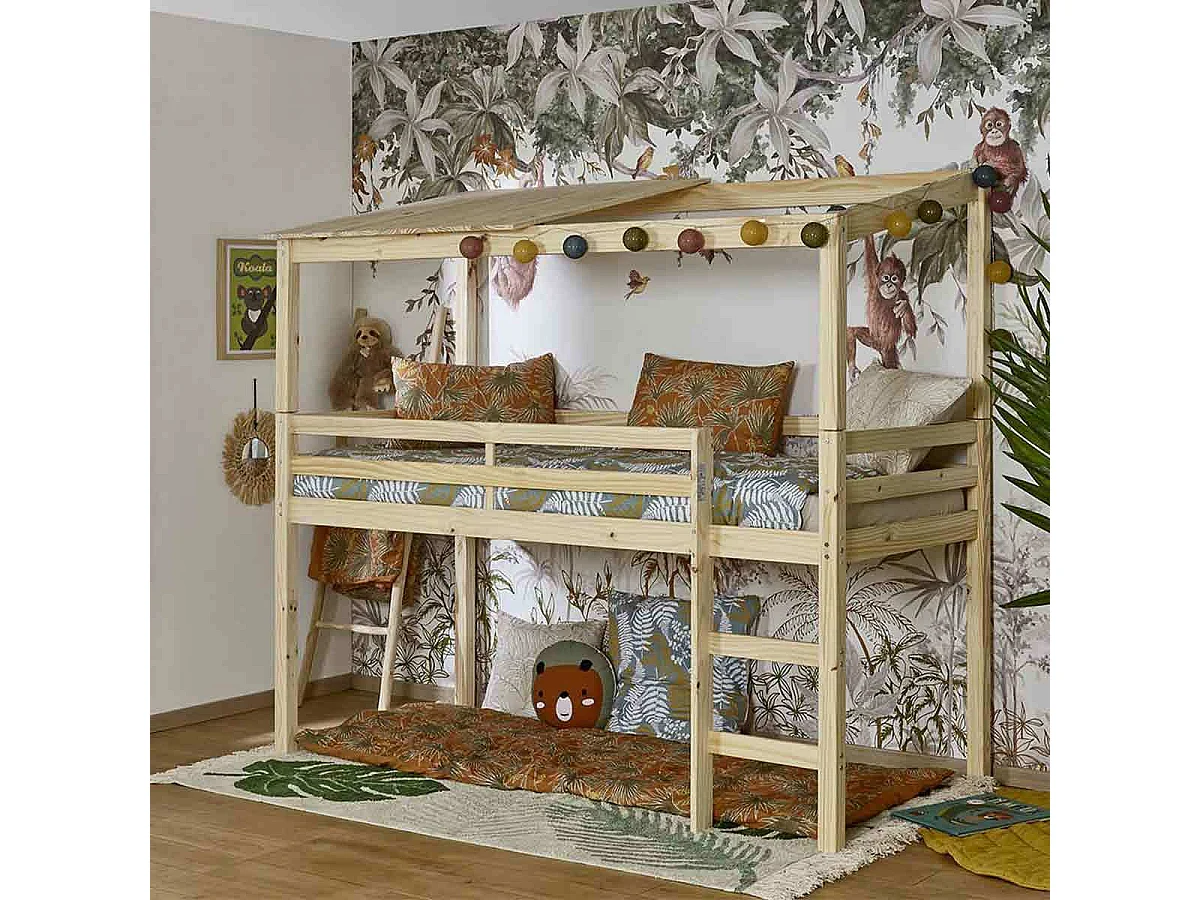 Lit cabane mi-hauteur 90x200 cm bois massif bois ALMA