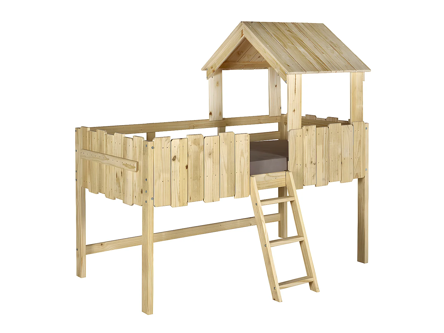 Pack lit cabane mi-hauteur avec matelas 90x190 cm bois massif bois naturel DONNIE