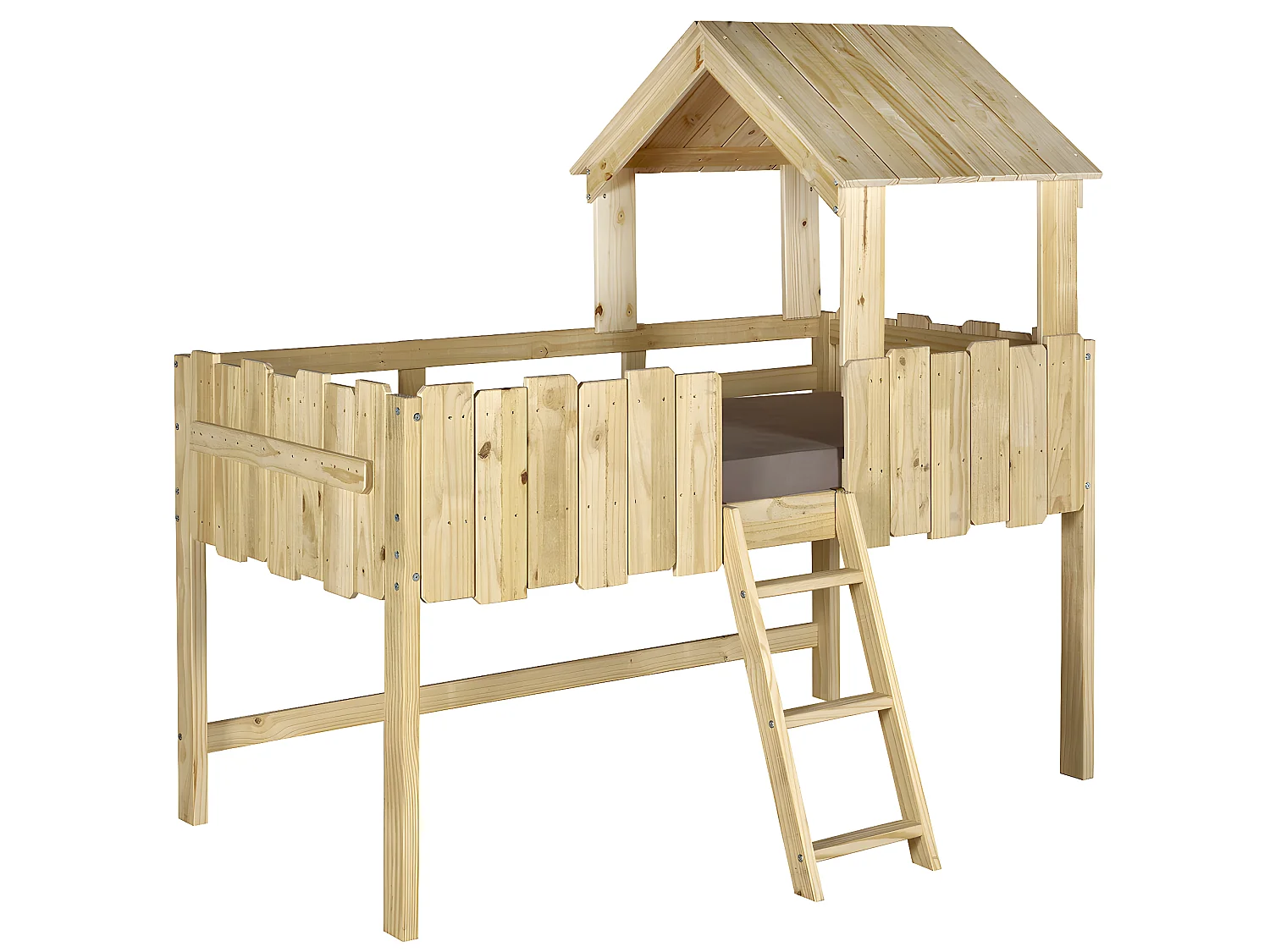 Pack lit cabane mi-hauteur avec matelas 90x190 cm bois massif bois naturel DONNIE