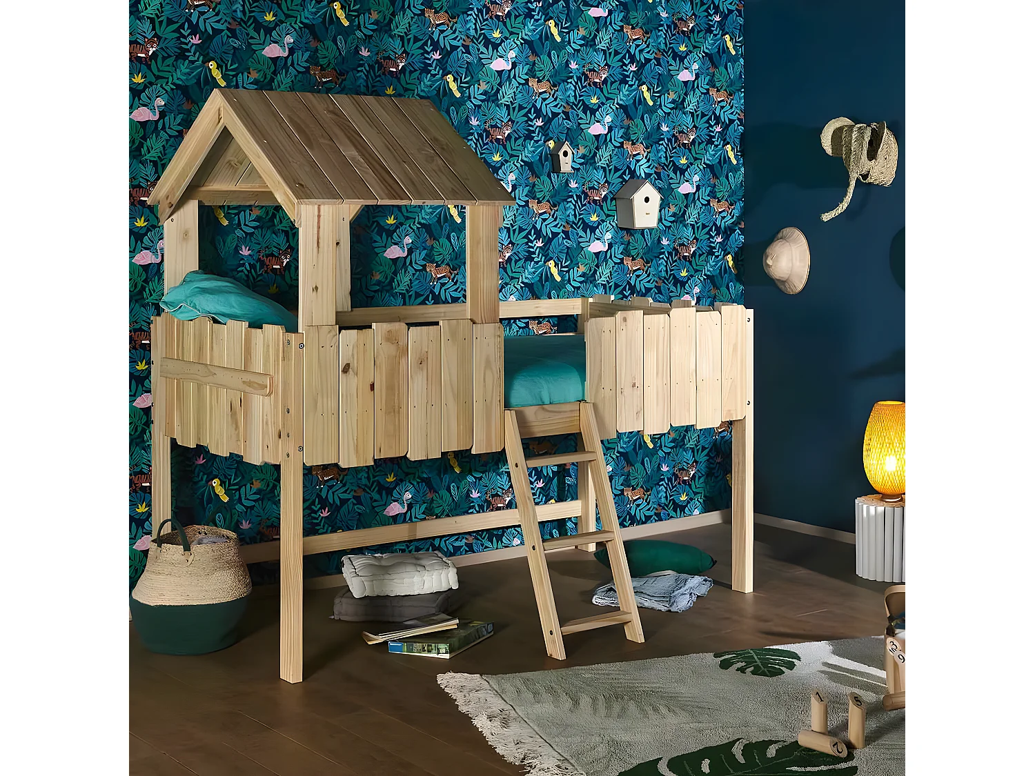 Pack lit cabane mi-hauteur avec matelas 90x190 cm bois massif bois naturel DONNIE