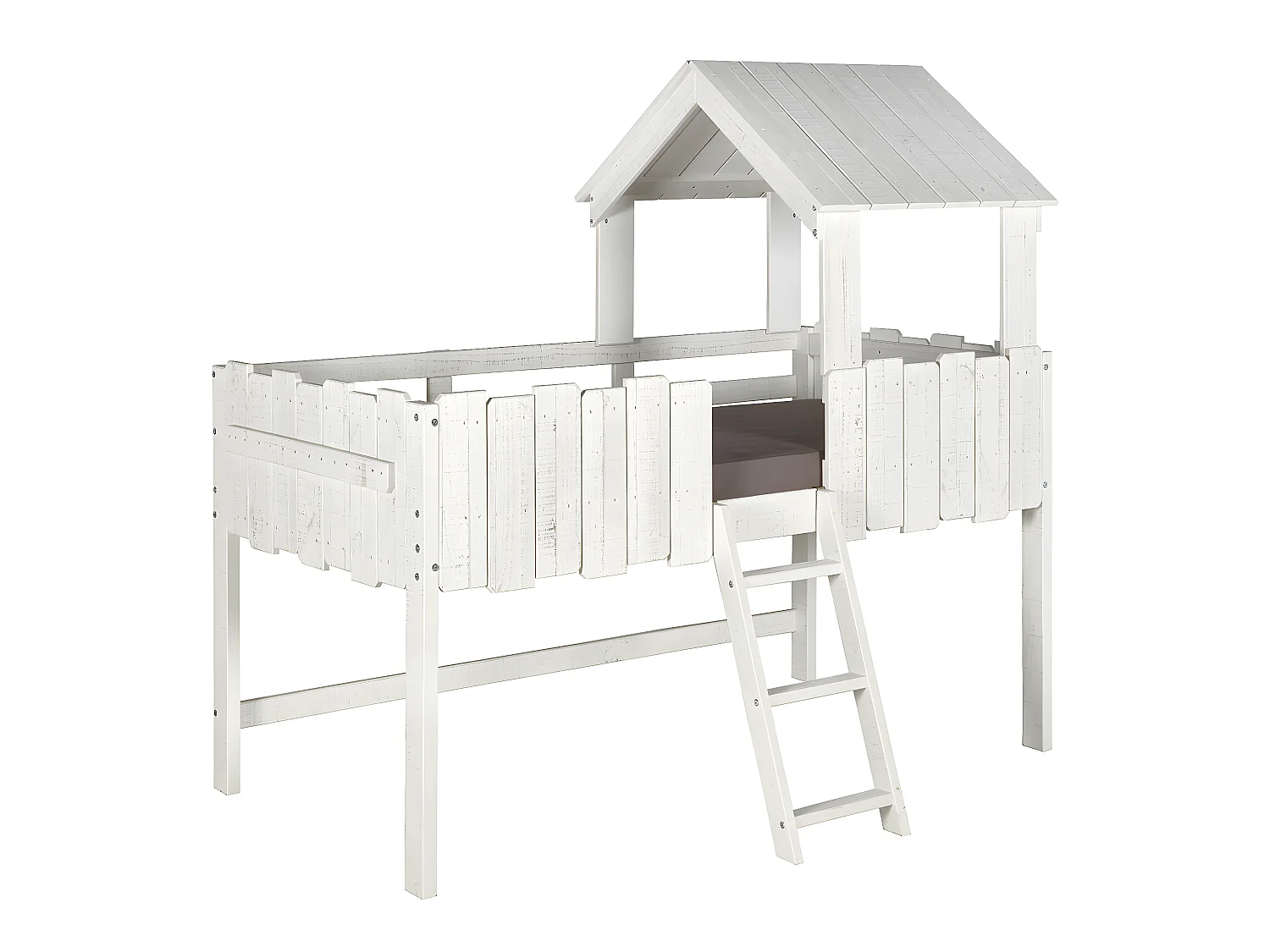 Pack lit cabane mi-hauteur avec matelas 90x190 cm bois massif blanc DONNIE