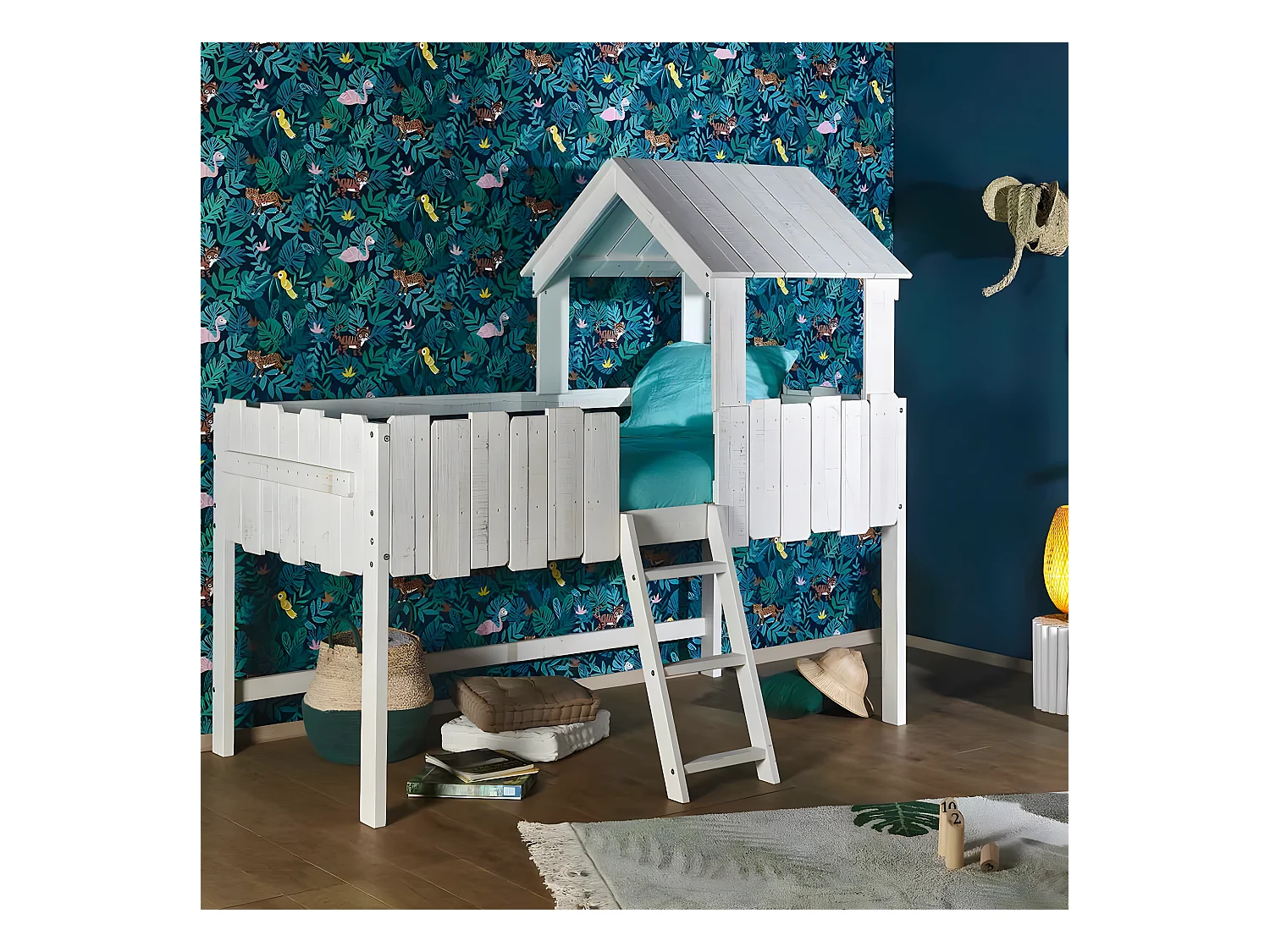 Pack lit cabane mi-hauteur avec matelas 90x190 cm bois massif blanc DONNIE