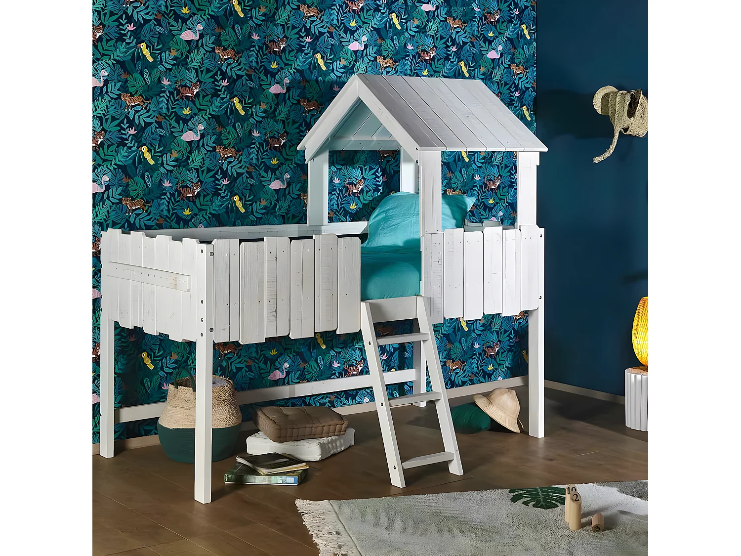 Pack lit cabane mi-hauteur avec matelas 90x190 cm bois massif blanc DONNIE