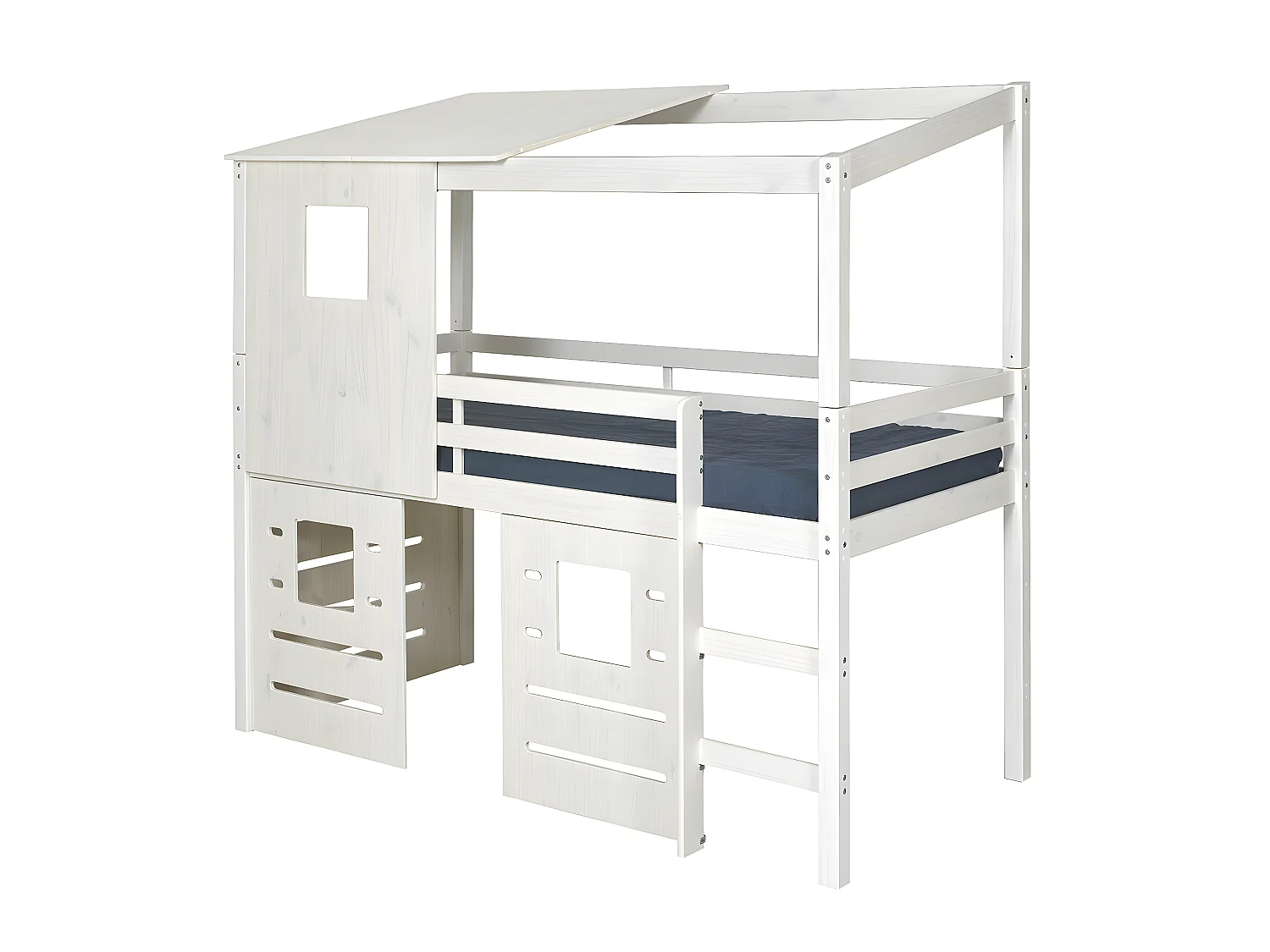 Pack lit cabane mi-hauteur avec matelas 90x200 cm bois massif blanc ALMA