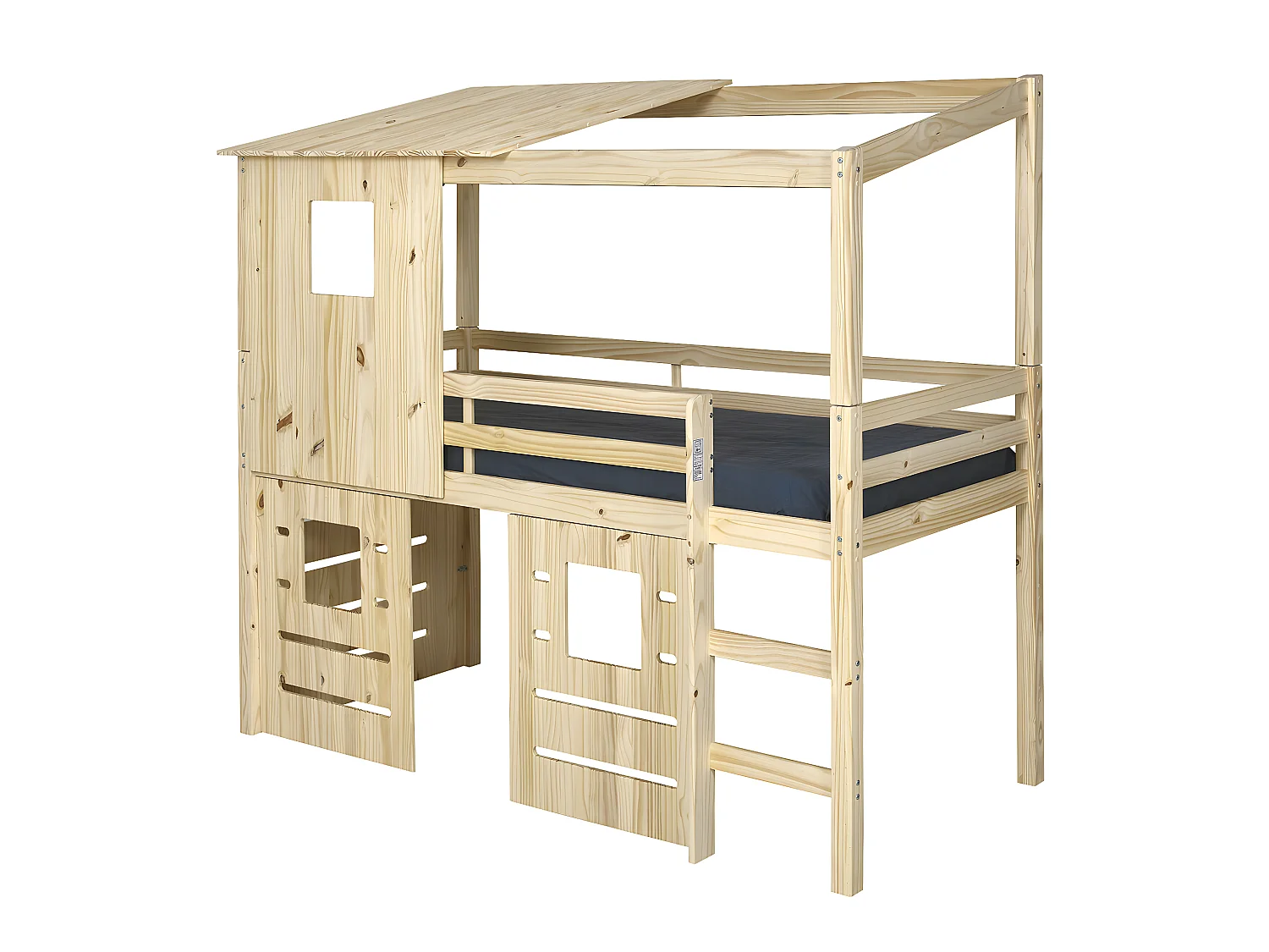 Pack lit cabane mi-hauteur avec matelas 90x200 cm bois massif bois naturel ALMA