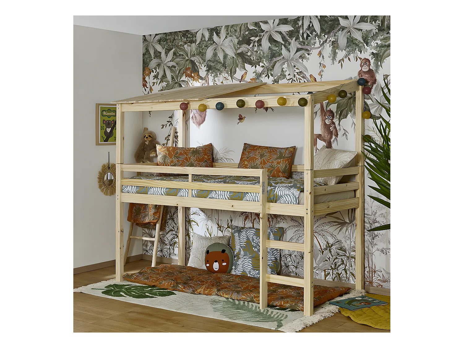 Pack lit cabane mi-hauteur avec matelas 90x200 cm bois massif bois naturel ALMA