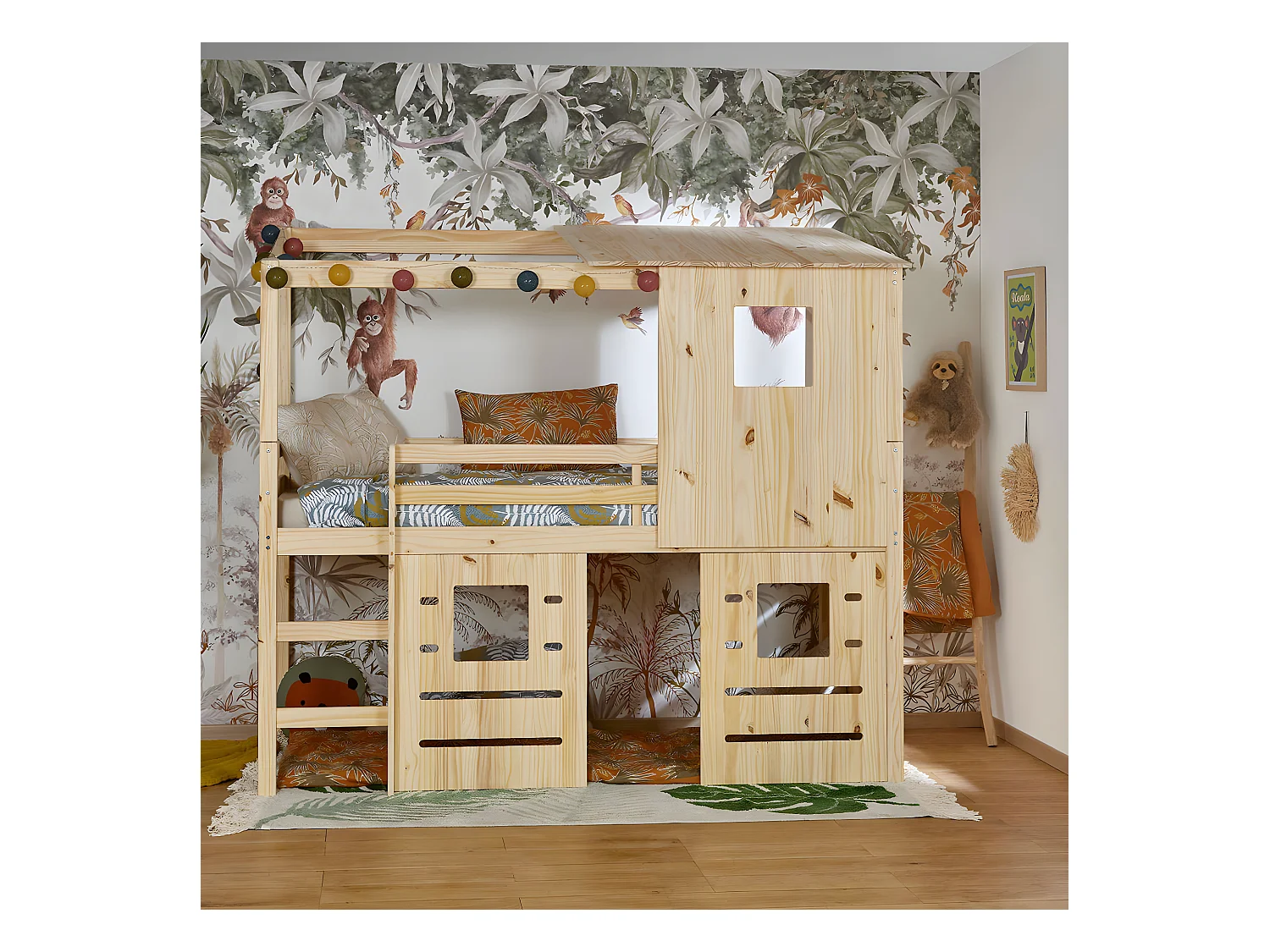 Pack lit cabane mi-hauteur avec matelas 90x200 cm bois massif bois naturel ALMA