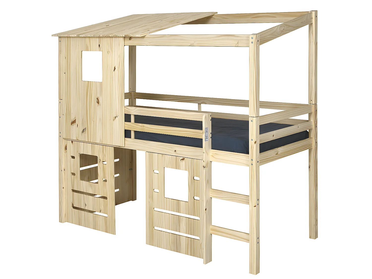 Pack lit cabane mi-hauteur avec matelas 90x200 cm bois massif bois naturel ALMA