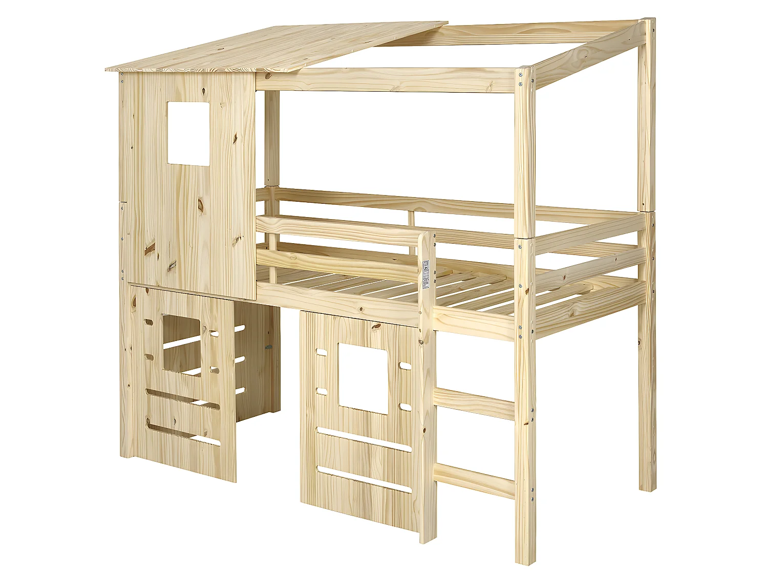 Pack lit cabane mi-hauteur avec matelas 90x200 cm bois massif bois naturel ALMA