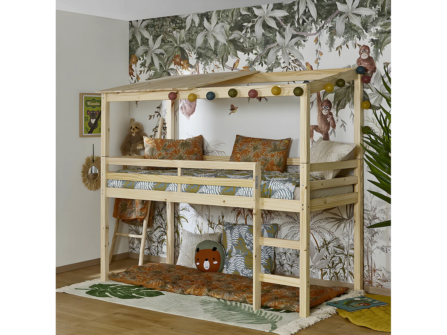 Pack lit cabane mi-hauteur avec matelas 90x200 cm bois massif bois naturel ALMA