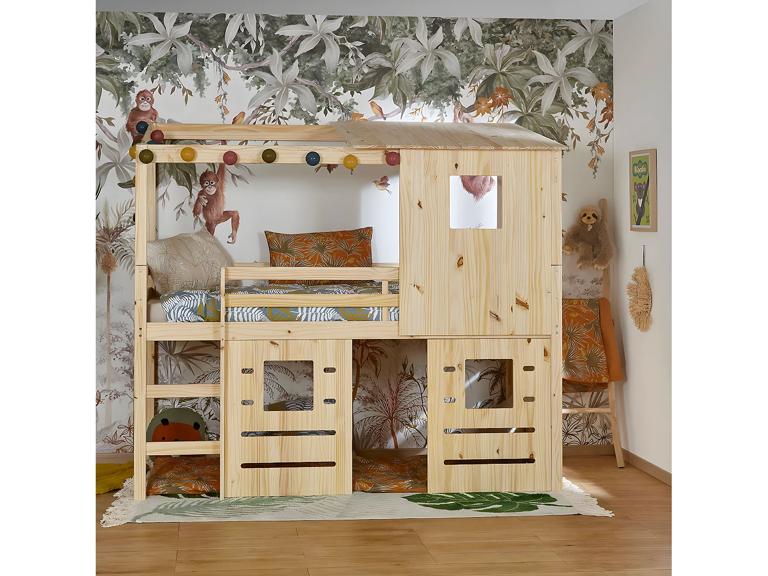 Pack lit cabane mi-hauteur avec matelas 90x200 cm bois massif bois naturel ALMA