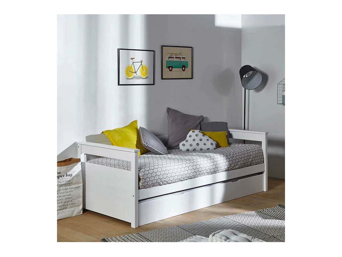 Lit banquette gigogne 90x200 cm bois massif blanc IZAO