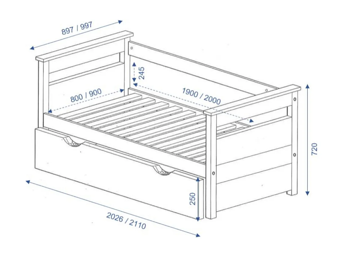 Lit banquette gigogne 90x200 cm bois massif blanc IZAO