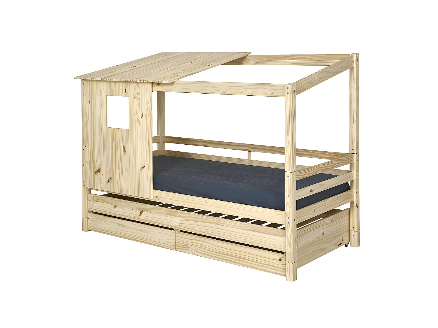 Pack lit cabane gigogne avec 2 matelas 90x200 cm bois massif bois naturel ALMA