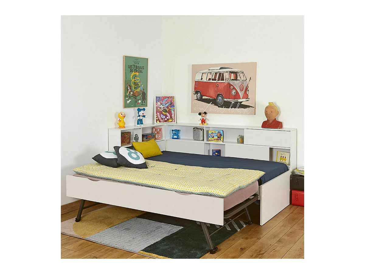 Pack lit cosy gigogne avec 2 matelas 90x190 cm panneaux de fibres blanc PLAY