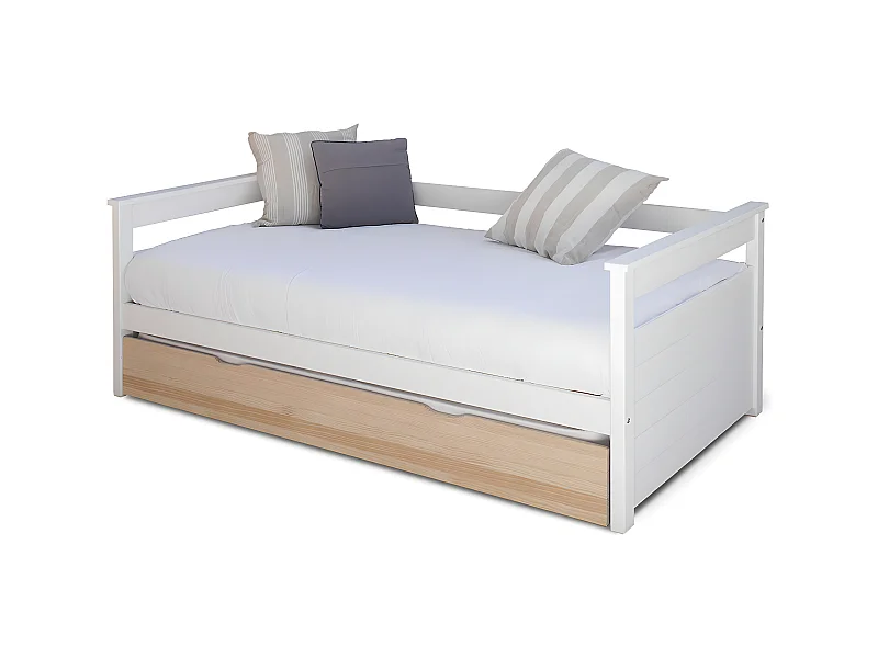 Lit banquette gigogne 90x190 cm bois massif blanc et bois IZAO
