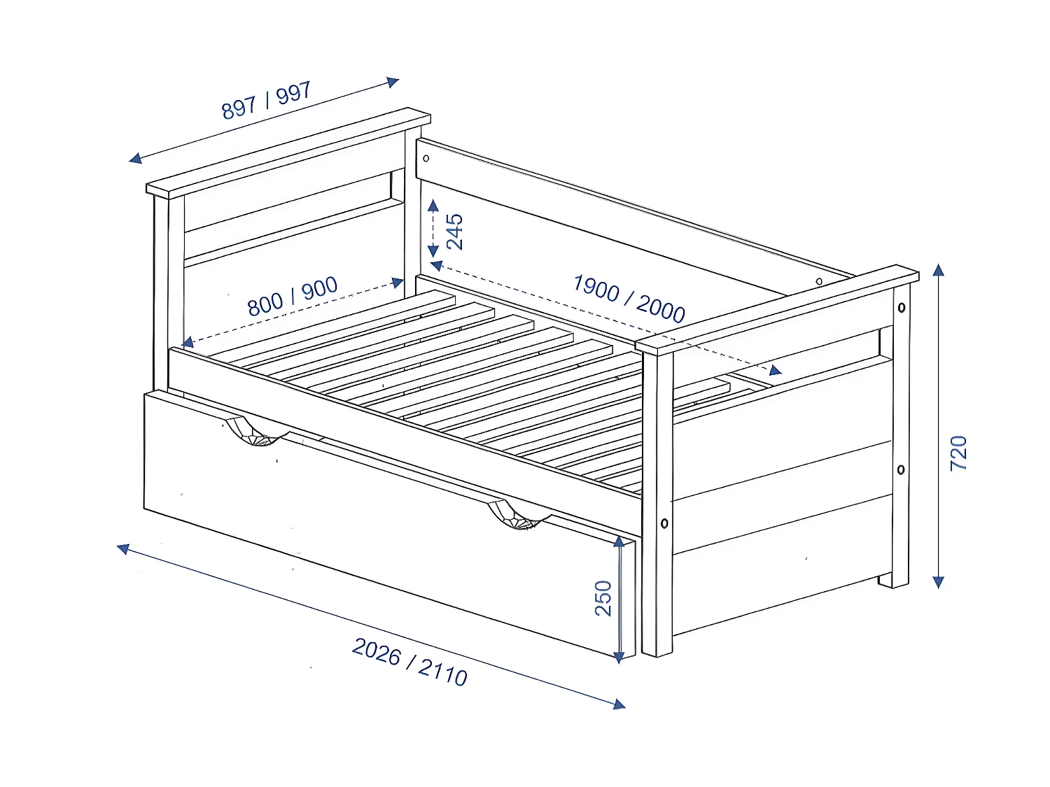 Lit banquette gigogne 90x190 cm bois massif bois naturel IZAO