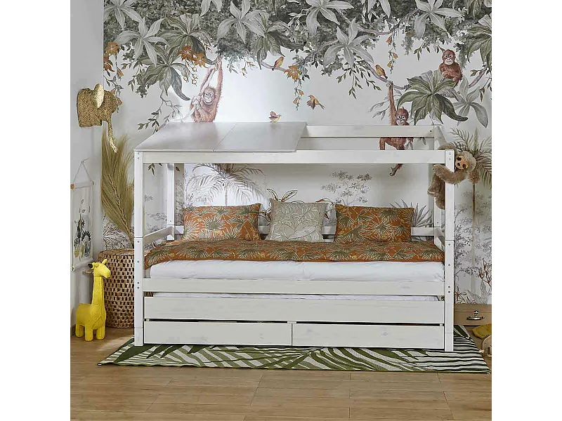 Lit cabane gigogne 90x200 cm bois massif blanc ALMA