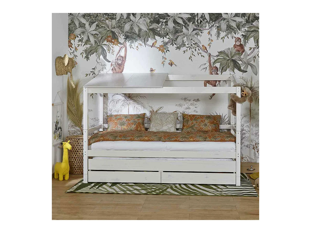 Lit cabane gigogne 90x200 cm bois massif blanc ALMA