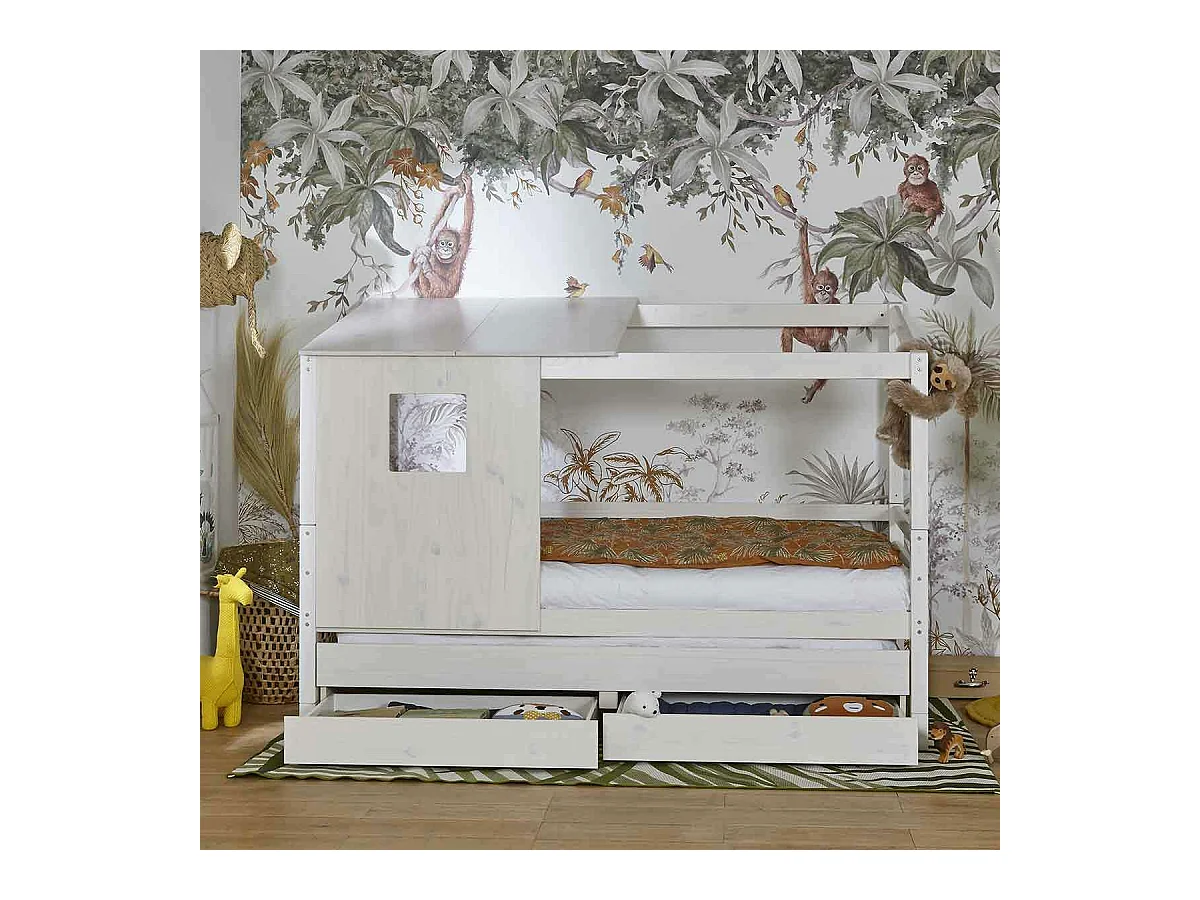 Lit cabane gigogne 90x200 cm bois massif blanc ALMA