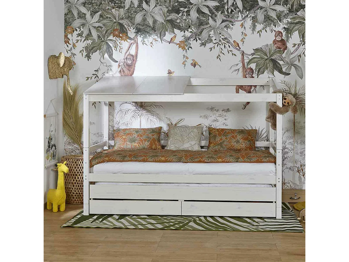 Lit cabane gigogne 90x200 cm bois massif blanc ALMA