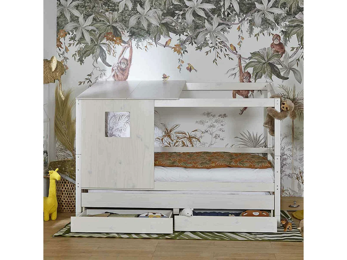 Lit cabane gigogne 90x200 cm bois massif blanc ALMA