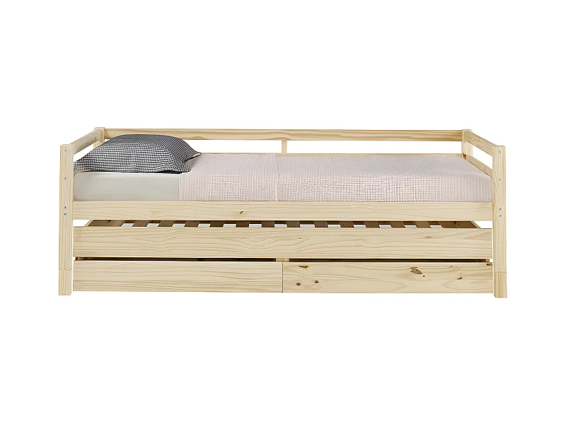 Pack lit banquette gigogne avec 2 matelas 90x200 cm bois massif bois naturel ALMA