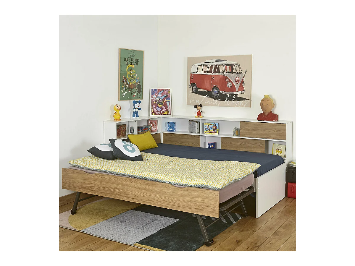 Lit cosy gigogne 90x190 cm panneaux de fibres blanc et bois PLAY